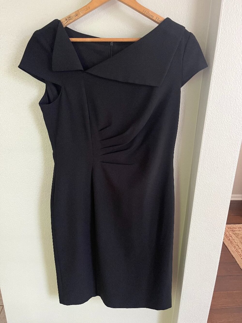 Tahari Asymmetrical-Collared Dress with Pleated Waist and Cap Sleeves